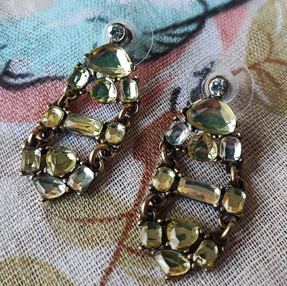 J. Crew Citrine Color Stones With Clear Rhinestones Signed Pierced Earrings EUC